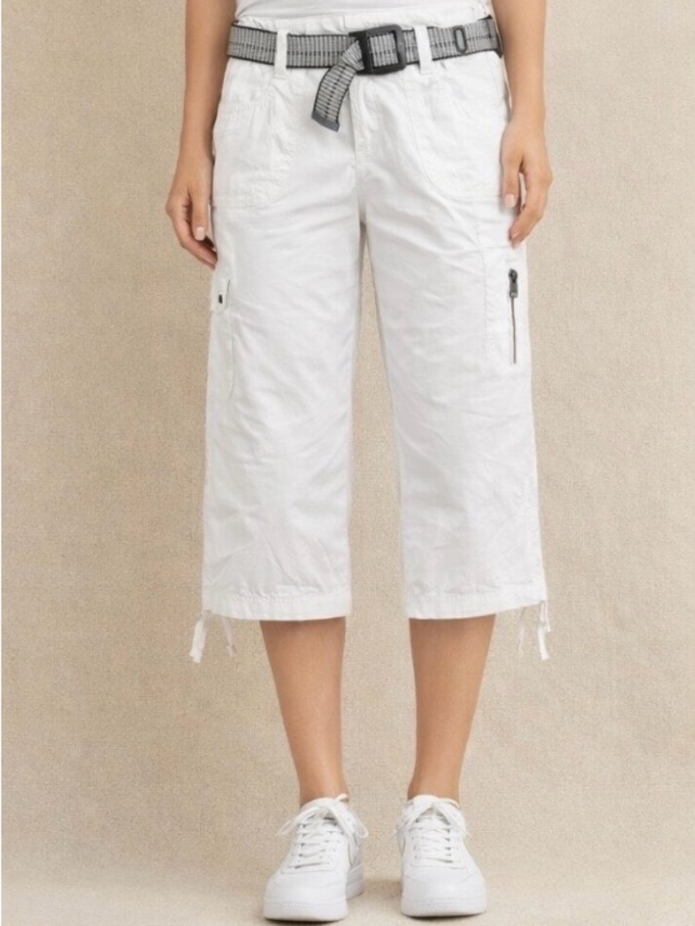 Cropped White Cargo Capri with Zip Pockets